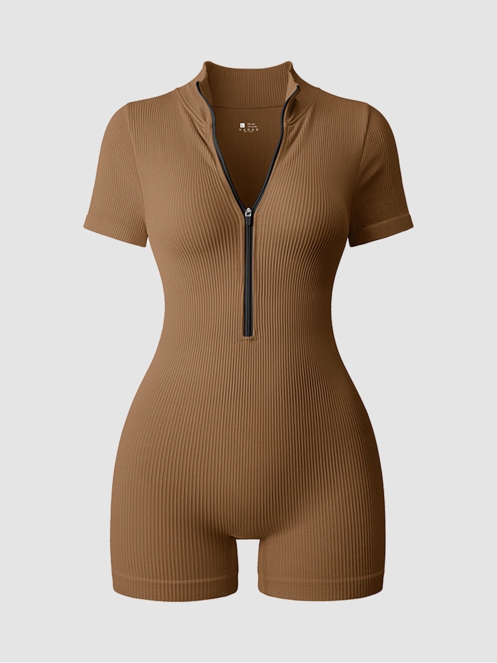 Brand New Taupe Ribbed Zip-Front Short Sleeve Romper – Fitted One Piece